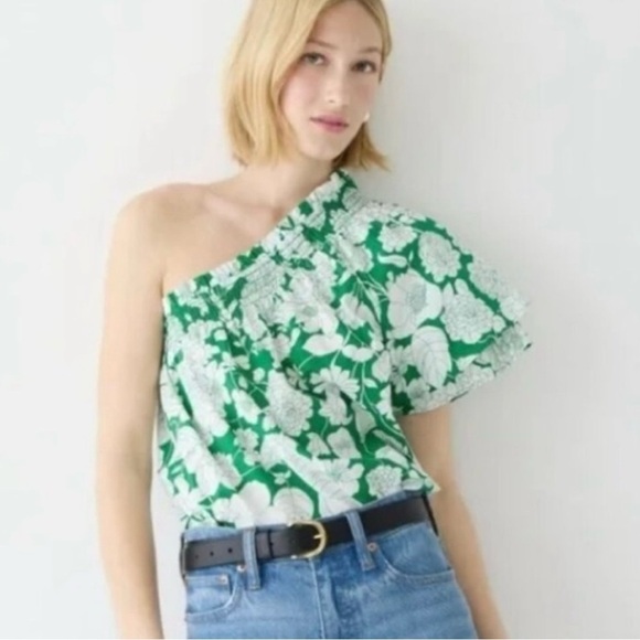 J. Crew Tops - J. Crew Smocked One Shoulder Kelly Green Floral Blouse Top Small